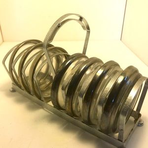 Vtg MCM Silver Rimmed 7 Coasters and caddy, Dorothy Thorpe style